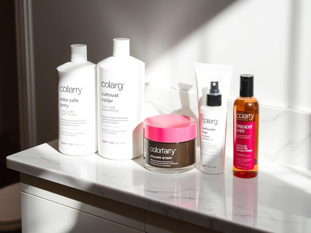 Color-safe hair products arranged on bathroom counter Color-safe hair products arranged on bathroom counter