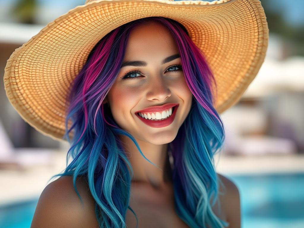 Woman protecting colored hair from sun damage with hat Woman protecting colored hair from sun damage with hat