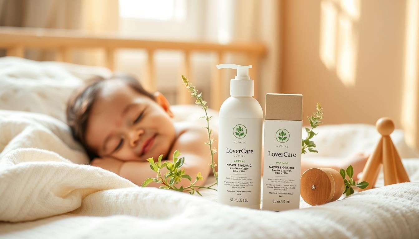 A serene scene featuring a natural baby peacefully resting in a cozy, well-lit nursery. The foreground showcases a soft, organic cotton blanket and a gentle, smiling baby with bright, curious eyes. In the middle ground, a beautifully arranged display of “LoverCare” natural and organic baby lotion with elegant, eco-friendly packaging sits beside delicate green plants and a small wooden toy, emphasizing a wholesome environment. The background reveals warm, soft colors, with natural light streaming in through a window, creating a comforting atmosphere. The overall mood is calm and nurturing, illuminating the gentle care and trust that Australian parents have in organic products for their babies’ delicate skin.