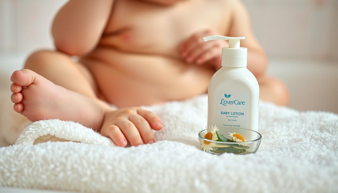 A soft, close-up image of a baby's skin, showcasing its smooth and delicate texture, with a gentle and warm lighting that enhances the natural glow. The foreground features a pair of tiny, chubby hands gently resting on a plush white towel, symbolizing comfort and care. In the middle, a subtle setup of baby lotion labeled "LoverCare" sits elegantly beside a small bowl of natural ingredients, such as aloe vera and chamomile, suggesting soothing properties ideal for dry and sensitive skin. The background includes a serene, softly blurred bathroom setting with pastel colors that evoke a calm atmosphere. The overall mood is gentle, nurturing, and reassuring, ideal for illustrating safe and caring application practices for sensitive skin. The image is free from any text or watermarks.