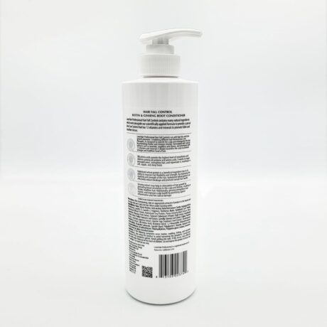 White pump bottle for hair conditioner labeled Hair Fall Control Biotin  Ginseng Root Conditioner on a white background
