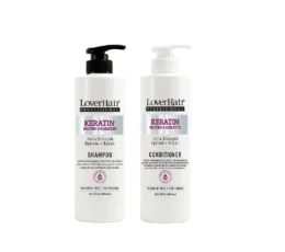 LoverHair Professional Keratin Biotin & Keratin Shampoo and Conditioner bottles with pump tops, labeled Extra Strength Hydrate + Repair (-Paraben Free).