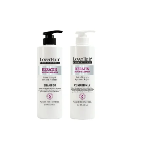 LoverHair Professional Keratin Biotin  Keratin Shampoo and Conditioner bottles with pump tops labeled Extra Strength Hydrate + Repair  Paraben Free