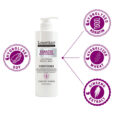 LoverHair Keratin Biotin  Keratin conditioner bottle with pump on white highlighting ingredients and four purple seals keratin soy wheat ginseng