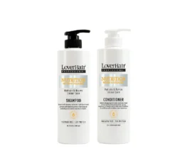 Two white LoverHair Professional bottles with pump tops (shampoo on the left, conditioner on the right).
