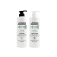 Two white pump bottles labeled LoverHair Professional Hair Fall Control Biotin  Ginseng Root Shampoo and Conditioner in a front view