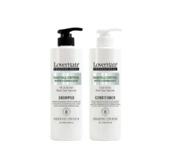 Two white pump bottles labeled LoverHair Professional Shampoo and Conditioner for hair fall control (biotin & ginseng root).
