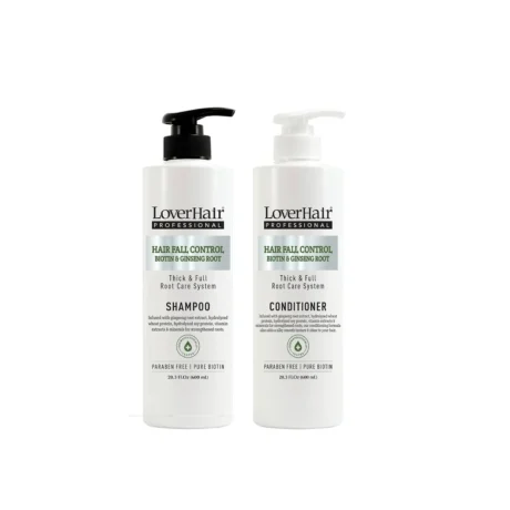 Two white pump bottles labeled LoverHair Professional Shampoo and Conditioner for hair fall control biotin  ginseng root
