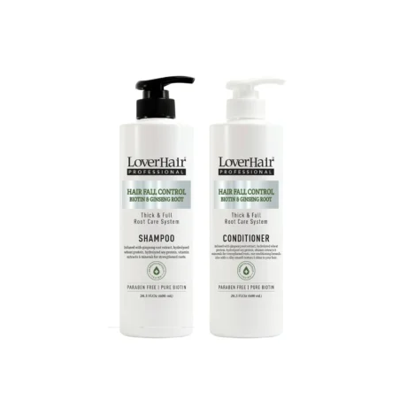 Two white pump bottles labeled LoverHair Professional Hair Fall Control Biotin  Ginseng Root Shampoo and Conditioner in a front view