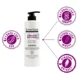LoverHair Keratin shampoo bottle with four purple badges for hydrolyzed soy keratin wheat and ginseng extract
