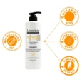 LoverHair Nutrition shampoo bottle with a black pump surrounded by four orange badges hydrolyzed soy silk amino acids hydrolyzed wheat and ginseng extract