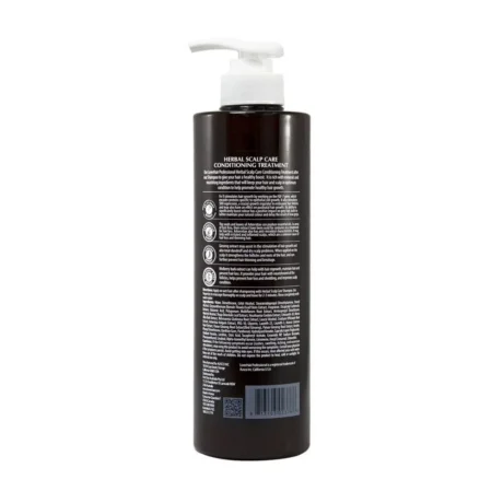 Dark brown pump bottle of Herbal Scalp Care Conditioning Treatment seen from the side showing back label details haircare product