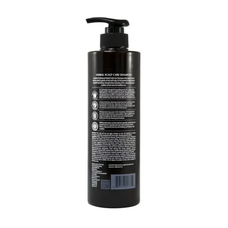 Black pump bottle of herbal scalp care shampoo with a long label on the back shown against a white background