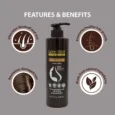 LoverHair Herbal Scalp Care Shampoo bottle centered with four circular benefit icons around it dandruff relief healthy hair growth revitalizes damaged hair natural ingredients