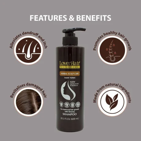LoverHair Herbal Scalp Care Shampoo bottle centered with four circular benefit icons around it dandruff relief healthy hair growth revitalizes damaged hair natural ingredients